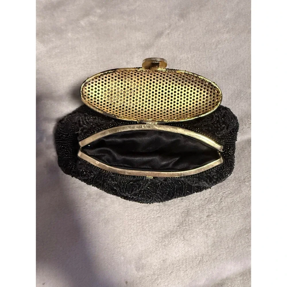 Vintage Black Beaded Evening‎ Clutch Purse Gold Frame Formal Bag